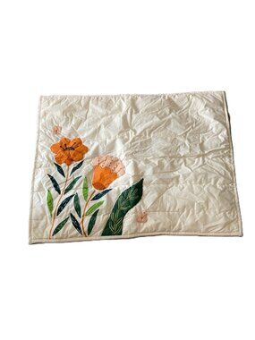 Crate & Barrel Cream Quilted Pillow Sham with Orange Floral Appliqué Standard